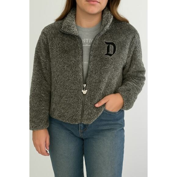Disney Mickey Mouse Gray Sherpa Fleece Zip Up Jacket Large Disneyland Logo - Picture 1 of 6